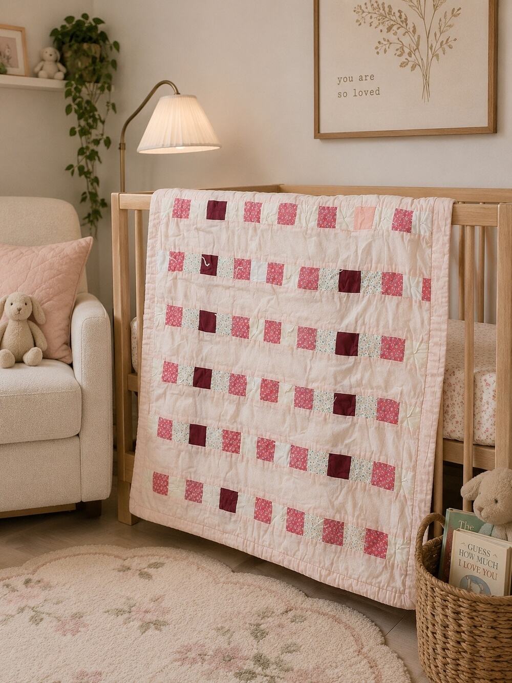 Vintage Handmade Pink Patchwork Baby Quilt Cozy Cottagecore Girl Nursery Blanket